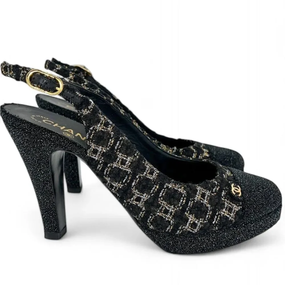 Authentic CHANEL Black CC Logo Cap Toe Block Heel Slingback Sandals Size…